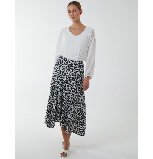 Floral Print Asymmetric Midi Skirt