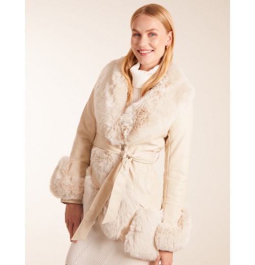 Faux Fur Collar PU Belted Coat